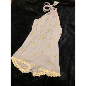 One piece halter romper with embroidery